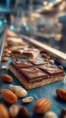 Delicious chocolate bars displayed on a production line with nuts and caramel in a confectionery factory