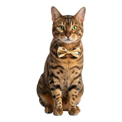 Fototapeta premium Bengal cat wearing a golden bow tie, isolated on transparent background