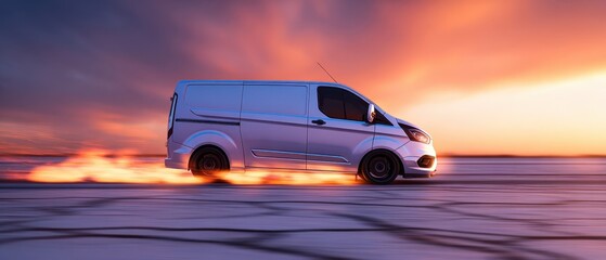 The van racing with flames at sunset on a dynamic asphalt landscape.