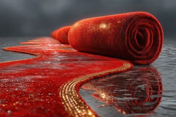 Luxurious red carpet rolls out on smooth surface reflecting elegant event atmosphere