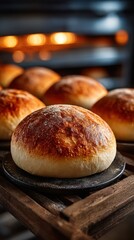 Freshly baked bread rolls cooling on a wooden rack beside a warm oven in a rustic bakery during morning hours