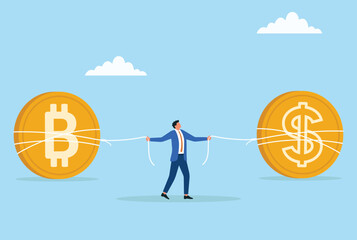 Vector illustration of businessman balancing between bitcoin and dollar, symbolizing the challenge of navigating cryptocurrency and traditional financial systems