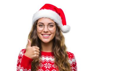 Happy young woman wearing a festive Christmas sweater and Santa hat, giving a thumbs up gesture on a white background, conveying holiday cheer and positive emotions