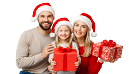 Happy family in Christmas hats holding gift boxes and smiling against a white background for the holidays