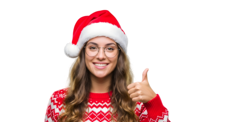 Happy Woman in Christmas Hat and Sweater Giving Thumbs Up Gesture