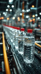 Bottled water production on a conveyor belt in a modern factory during daytime operations