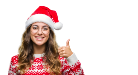 A happy young woman wearing a festive Christmas sweater and Santa hat, giving a thumbs up gesture, isolated on white background