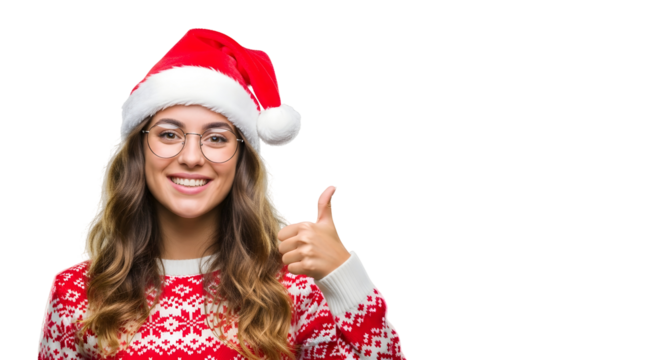 A happy young woman wearing a festive Christmas sweater and Santa hat, giving a thumbs up gesture, isolated on white background