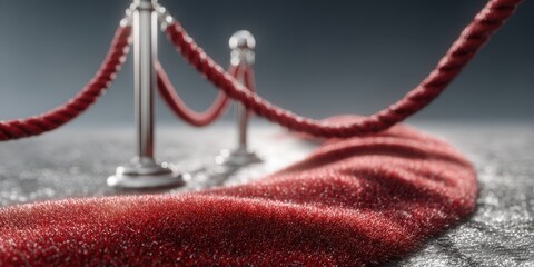 Red carpet neatly arranged with velvet ropes at an elegant event during the evening in a sophisticated venue