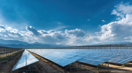solar farm under blue sky mountains