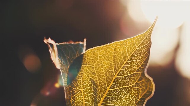 Detailed close-up of a leaf's intricate venation, bathed in warm sunlight