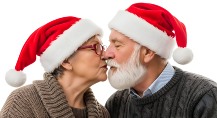 An elderly couple wearing Santa hats shares a kiss during the holiday season