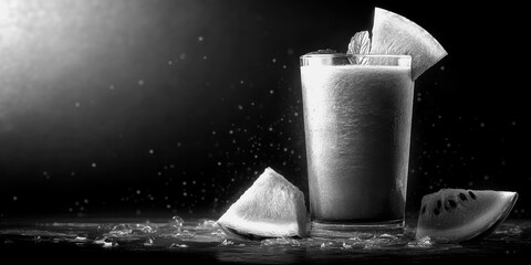 Refreshing watermelon smoothie in a glass on a dark background