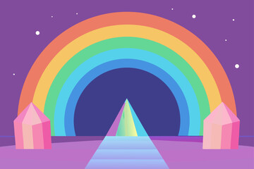 Colorful illustration of a night landscape with a rainbow arching across the sky