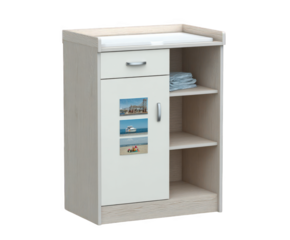 A light wood cabinet with a white door decorated with three small photos of a boat and beach, isolated on transparent background