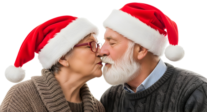 An elderly couple wearing Santa hats shares a kiss during the holiday season