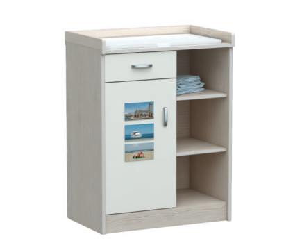 A light wood cabinet with a white door decorated with three small photos of a boat and beach, isolated on transparent background