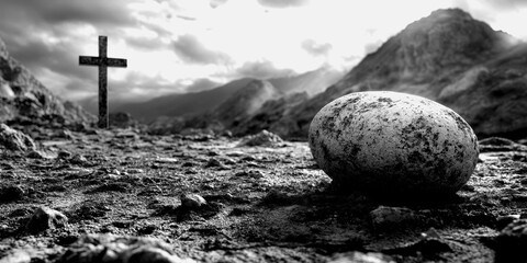 Mysterious egg rests on rocky ground near a weathered cross