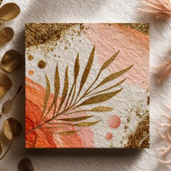 Decorative art piece featuring a gold palm leaf design against a soft pink and white background with glitter accents