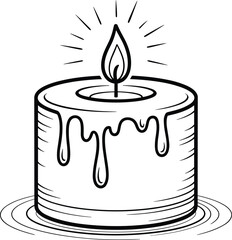 Black and white illustration of a lit candle with dripping wax Keywords: candle, light, flame