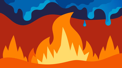 Vector illustration of a vibrant mountain landscape at sunset, with a fiery orange sky and a silhouette of distant hills and trees