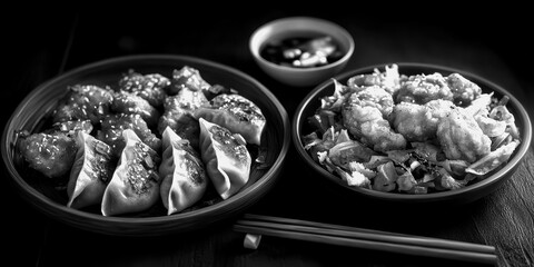 Delicious dumplings and crispy chicken served with salad