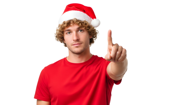 Young man wearing a Santa hat points with his index finger, isolated on white background during holiday season