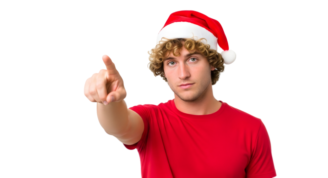 A young man in a Santa hat points his finger forward, with a cheerful expression on his face, isolated on a white background