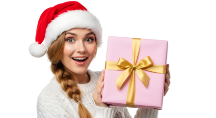 Excited young woman wearing a Santa hat and holding a pink gift box tied with a gold ribbon