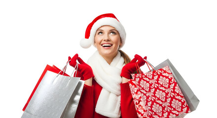 Christmas shopping woman in Santa hat with gift bags