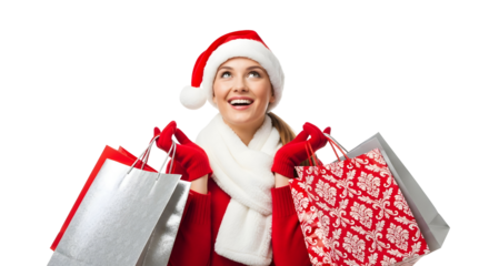 Christmas shopping woman in Santa hat with gift bags