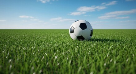 Fototapeta premium Soccer ball on a grassy field under a bright sky