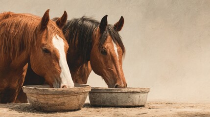 Horses feeding in bowls at a stable during daytime, showcasing their beautiful coats and serene environment