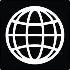 Simple white globe icon on black square symbolizing global reach internet connectivity and worldwide business and communication concepts