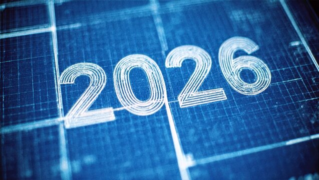 White 3D 2026 Numerals with Circular Line Pattern on Deep Blue Grid Technical Blueprint Background