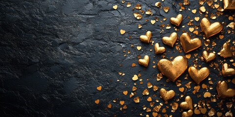 Heart-shaped decorations in gold scattered on a dark textured surface creating a festive ambiance