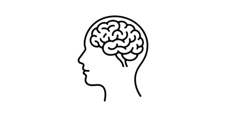  Black and white head profile with brain illustration—minimalist symbol for cognition, intelligence, psychology, or mental health awareness