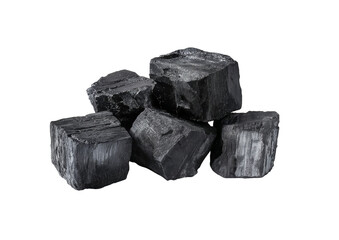  high-resolution photograph of coal blocks, arranged against an isolated white background with no shadows or reflections, showcasing their texture and quality. 