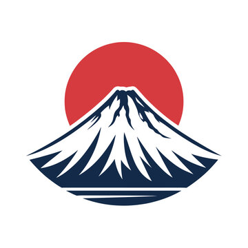 Stylized Mount Fuji with red sun illustration isolated on white background