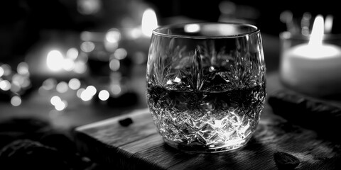 Whiskey served in a crystal glass surrounded by soft candle light