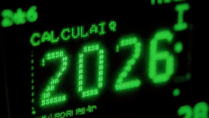 Glowing Green 2026 Digits on Black Electronic Display with Interface Elements Retro Calculator Tech Background