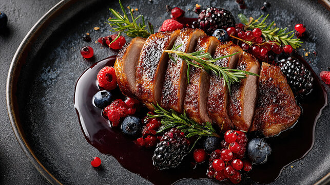 Magret de Canard Seared duck breast with berry sauce on a modern plate 