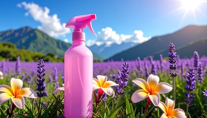Pink spray bottle amidst lavender and plumeria flowers on a sunny day