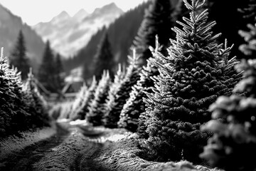 Winter landscape with snow-covered trees in a mountain area