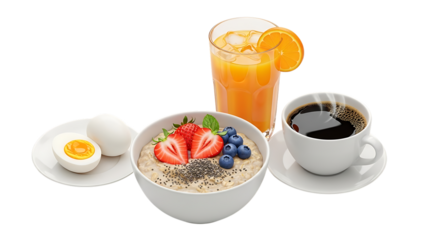 A healthy breakfast with oatmeal topped with berries, eggs, orange juice and a cup of black coffee
