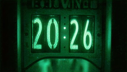 Green Glowing 2026 Digital Display on Black Industrial Panel Retro Futuristic Interface Tech Background