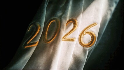 Gold Embroidered 2026 on Soft Fabric with Dramatic Light Elegant Textile Craft Background