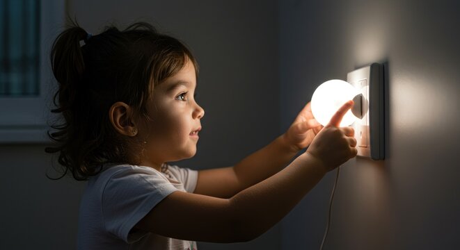 Childs hand plugs a light bulb into a wall socket