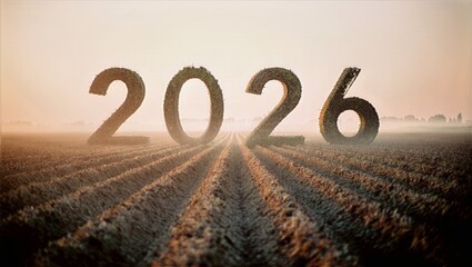 Grass 2026 Numerals in Frosty Field Rows at Sunrise with Misty Trees Rural Landscape Background