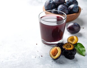 Fresh plum juice and halved plums